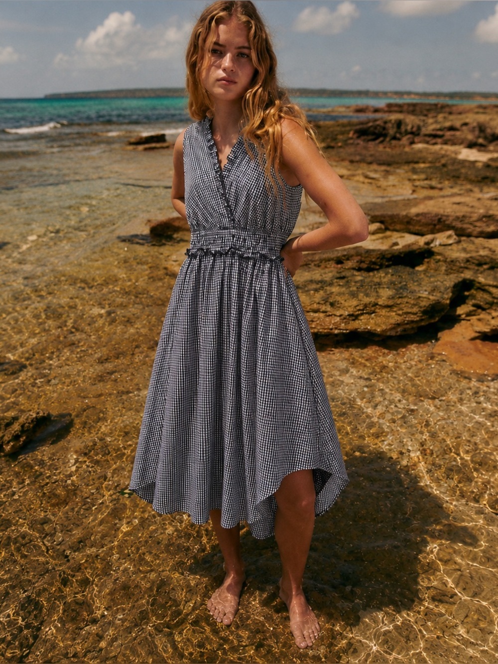 Hope & Harlow Gingham Cottagecore Prairie Midi Dress Ruffle Neck High Low Hem